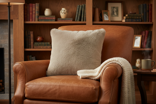 Brown armchair with a fluffy pillow and blanket in a cozy room with bookshelves and a fireplace.