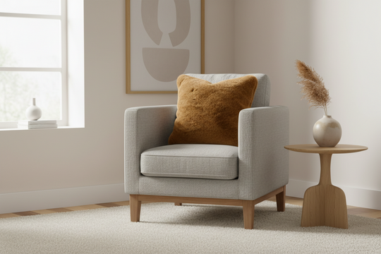 Gray armchair with a copper cushion in a room with a window and side table.