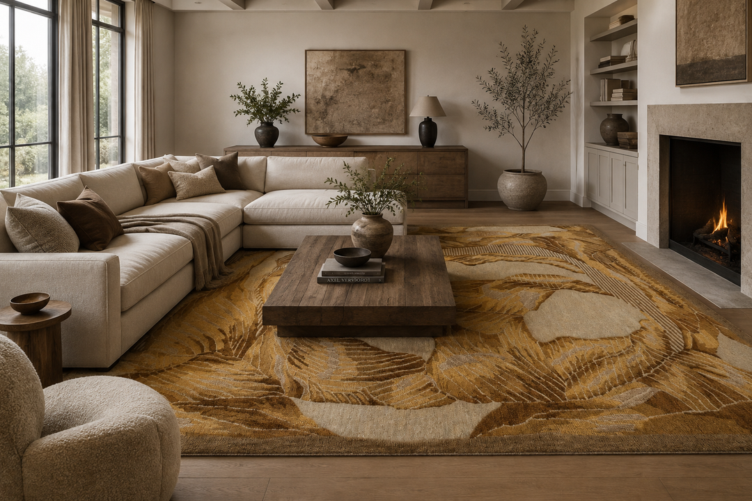 A large area rug with a warm abstract botanical pattern in golden yellow, beige, and brown tones, styled in a modern living room with a cream sectional sofa, wooden coffee table, and fireplace.
