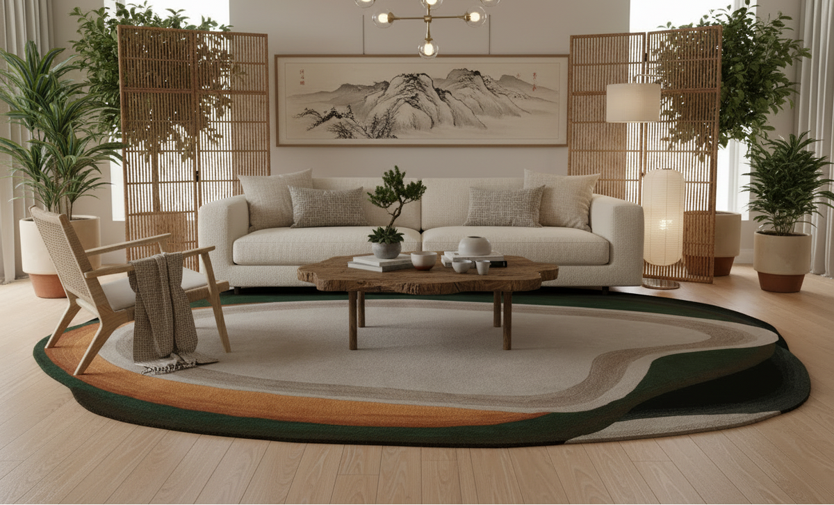 Modern living room with a white sofa, wooden coffee table, and decorative elements.