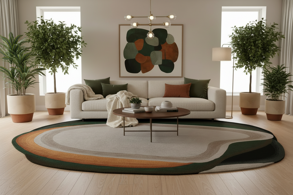 Modern living room with a large round rug, sofa, coffee table, and decorative elements.