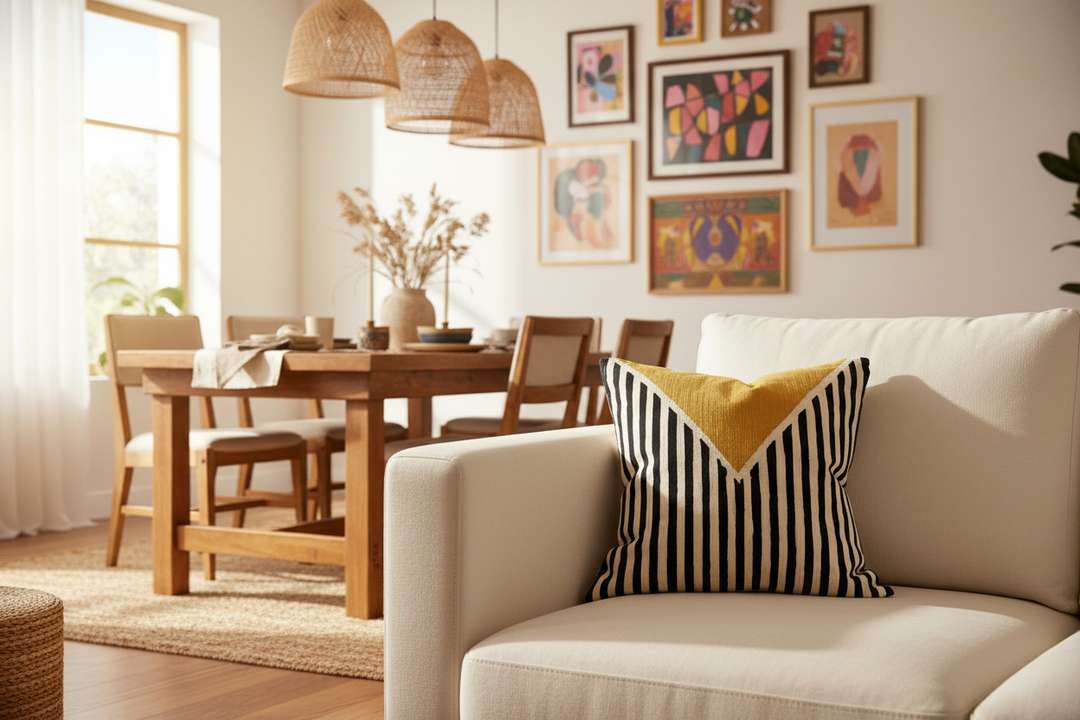 A styled interior scene showing a cream sofa in the foreground with a black-and-white striped pillow and a yellow accent pillow, next to a dining table and chairs, with framed wall art in a bright room.