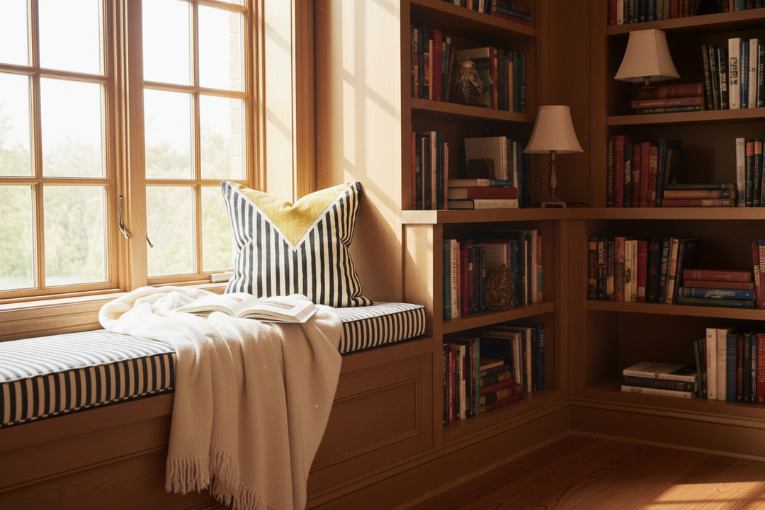 A cozy window seat with a striped cushion and cream throw blanket, set in a sunlit room with tall wooden bookshelves and books.