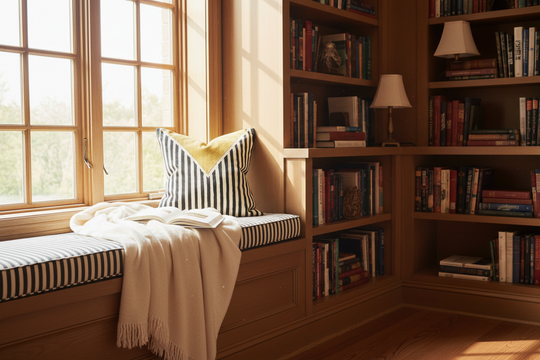 A cozy window seat with a striped cushion and cream throw blanket, set in a sunlit room with tall wooden bookshelves and books.