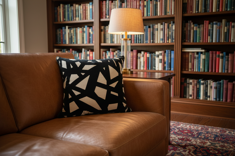 A tan leather sofa in a library setting with a black and cream geometric patterned throw pillow, a lit table lamp on a side table, and wooden bookshelves filled with books in the background.