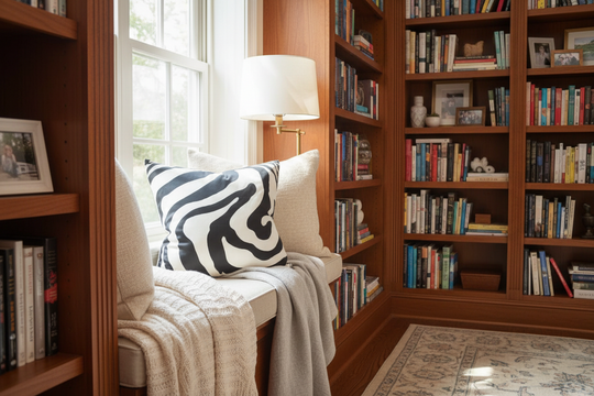 A cozy built-in bookcase nook with a cushioned bench, cream knit throw, patterned black-and-white pillow, floor lamp, and tall wood shelves filled with books in a sunlit room.
