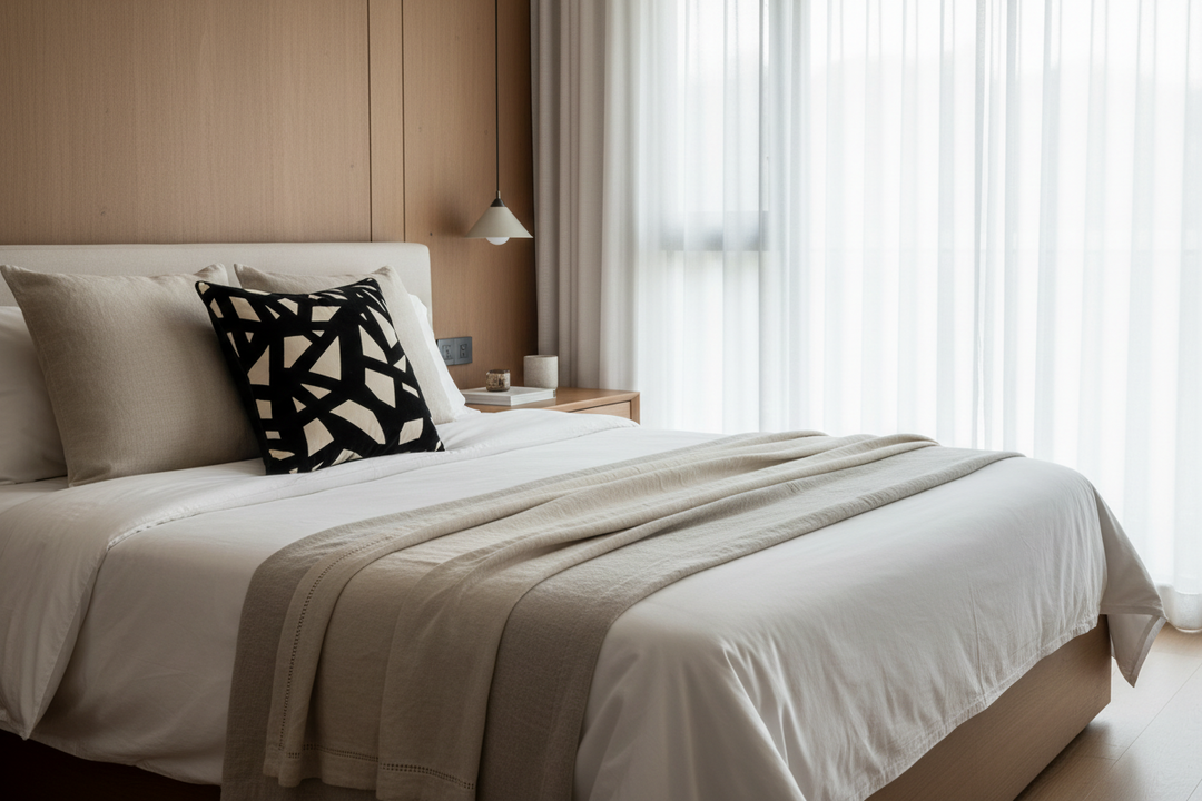 A neatly made bed in a modern bedroom with white linens, a beige throw blanket, a black-and-white geometric accent pillow, and a light wood headboard and nightstand. Sheer white curtains and a wood-paneled wall are visible in the background.