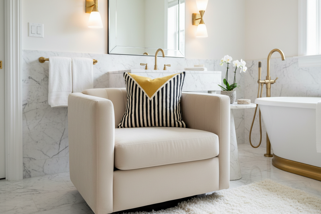 A cream upholstered armchair in a bright, modern bathroom, styled with a black and white striped pillow and a yellow accent pillow. The bathroom features white marble walls and floor, gold fixtures, a freestanding bathtub, and a white towel.