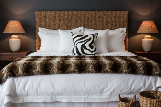 A styled bed in a bedroom setting with a tall woven rattan headboard, white bedding, two white pillows, a black-and-white zebra-pattern accent pillow, and a brown faux-fur throw blanket. Two matching bedside tables with lit table lamps are visible on either side, set against a dark gray wall.