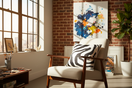 A styled interior room scene with a cream upholstered mid-century armchair featuring a black-and-white zebra print pillow, set against a brick wall with a colorful abstract canvas painting and a potted plant.