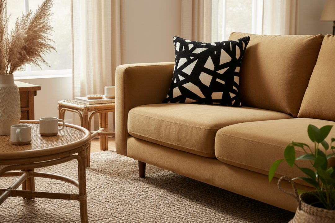 A tan fabric sofa in a bright, modern living room setting, styled with a black and cream geometric patterned throw pillow, a wicker coffee table, and a potted plant.