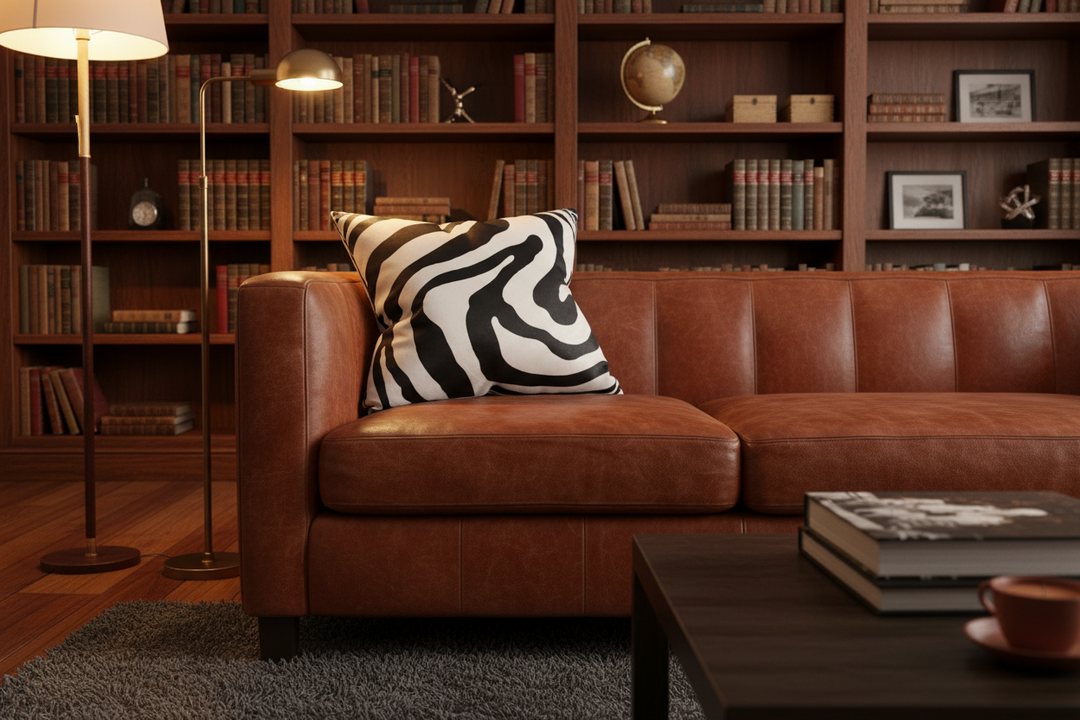 A brown leather sofa in a cozy library setting, featuring a black and white zebra-patterned throw pillow. The background consists of dark wood bookshelves filled with books, with a floor lamp on the left and a dark coffee table in the foreground.