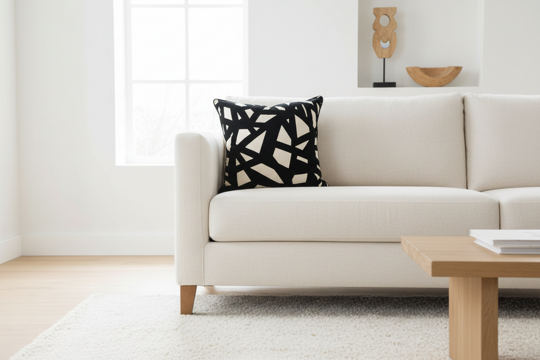 A cream-colored fabric sofa in a bright, modern living room setting, featuring a black and cream geometric patterned accent pillow on the left side.