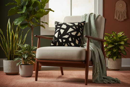 A mid-century modern armchair with cream upholstery and a dark wood frame, styled with a black and cream geometric throw pillow, a draped sage green throw blanket, and surrounded by potted plants in a warm, decorated room.