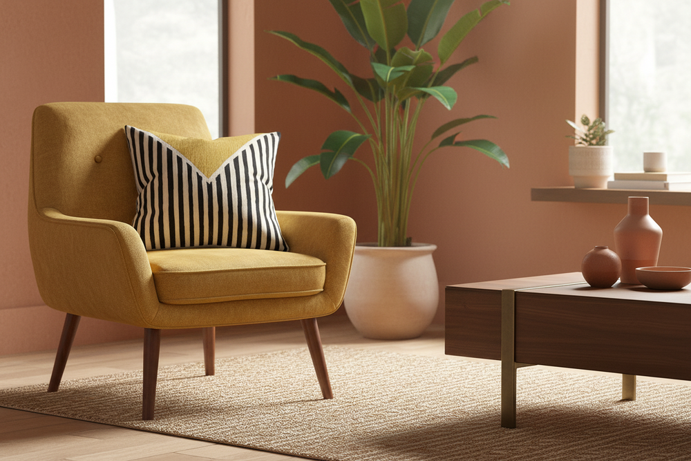 A mustard yellow upholstered armchair with dark wooden legs in a warm, modern living room setting, styled with a black and white striped accent pillow, a large potted plant, and a wooden coffee table.