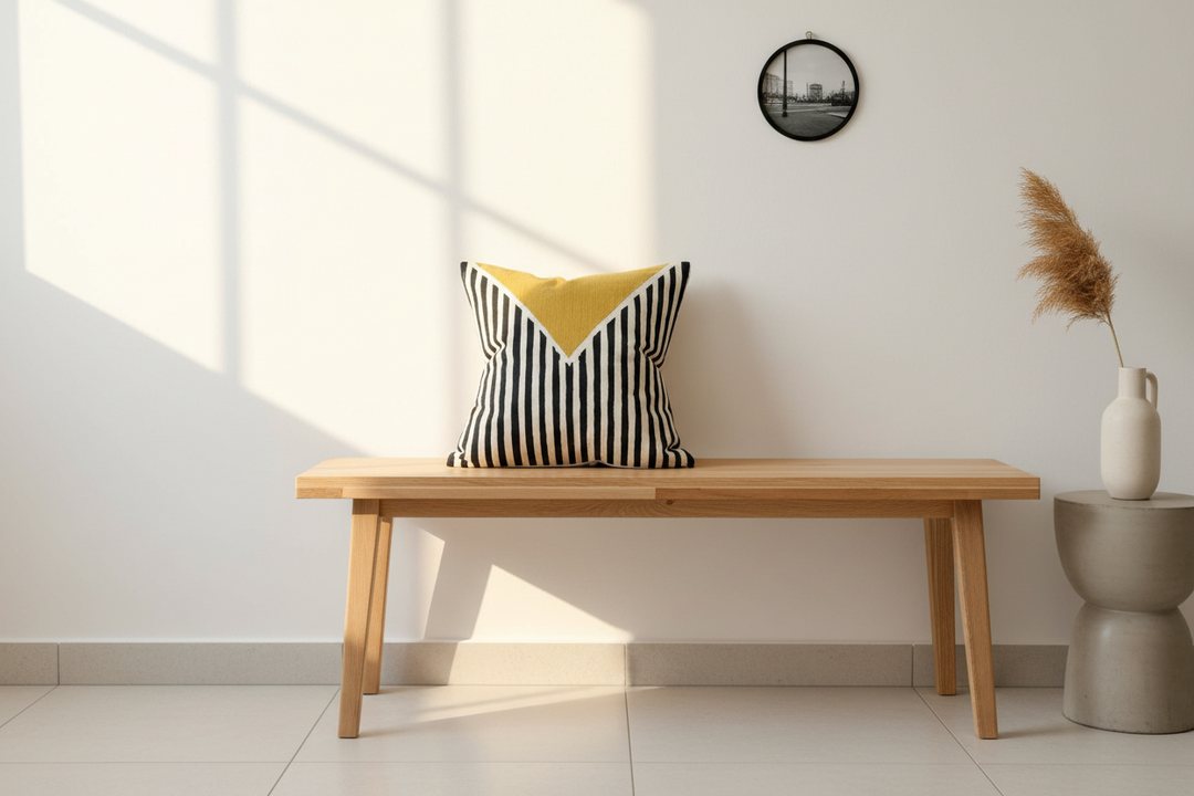 A black and white striped throw pillow with a yellow chevron accent sits on a light wood bench in a bright, modern room with sunlit windows and a side table.