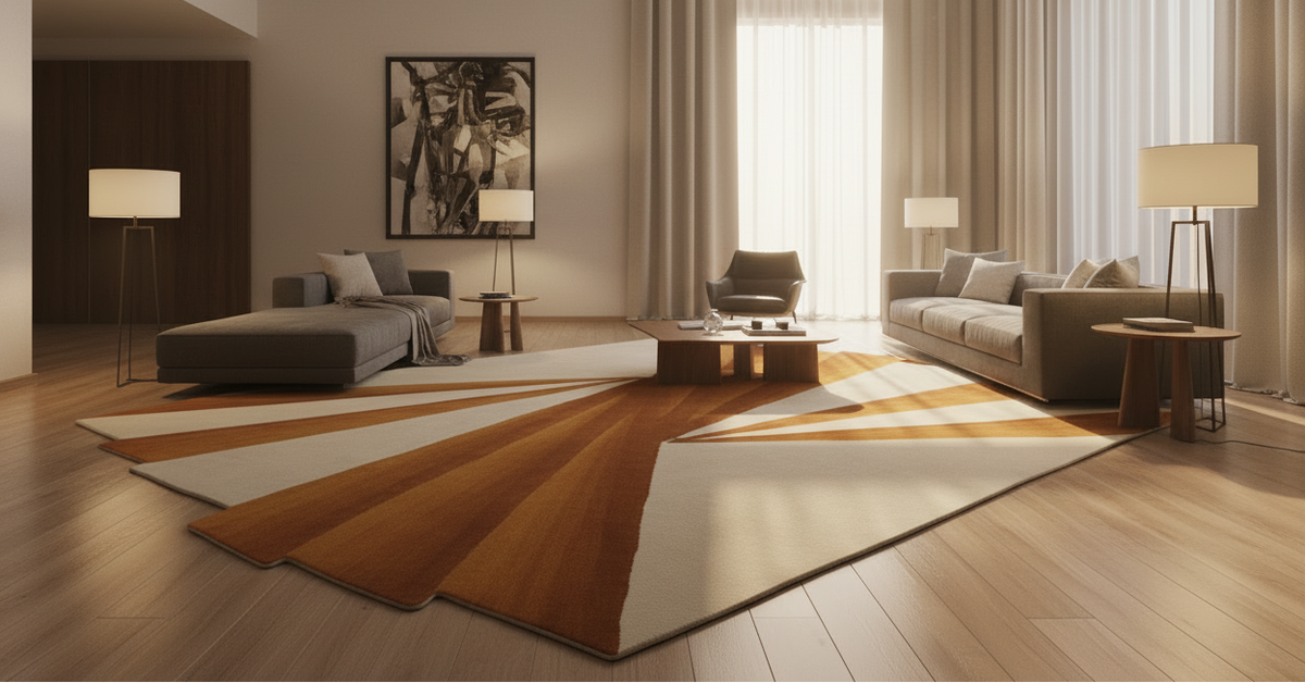 Modern living room with a large rug, couches, and floor lamps.