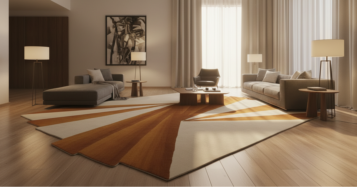 Modern living room with a large rug, couches, and floor lamps.