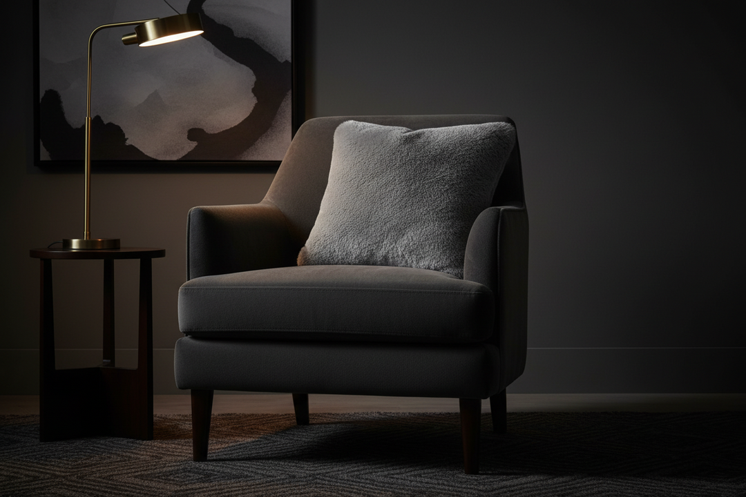 Gray armchair with a pillow in a dimly lit room with a lamp and abstract painting.
