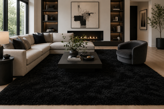 A modern living room featuring a large, plush black shag area rug under a black coffee table, with a beige sectional sofa, a dark gray accent chair, and a built-in fireplace in the background.
