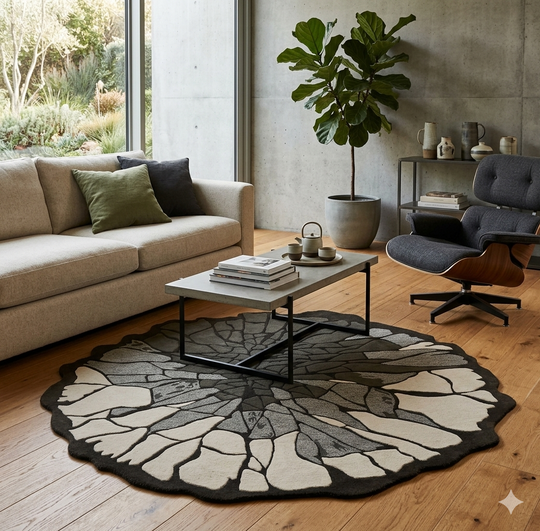 A round area rug with a cracked stone or slate pattern in shades of gray, beige, and black, styled in a modern living room with a beige sofa, coffee table, and concrete wall.