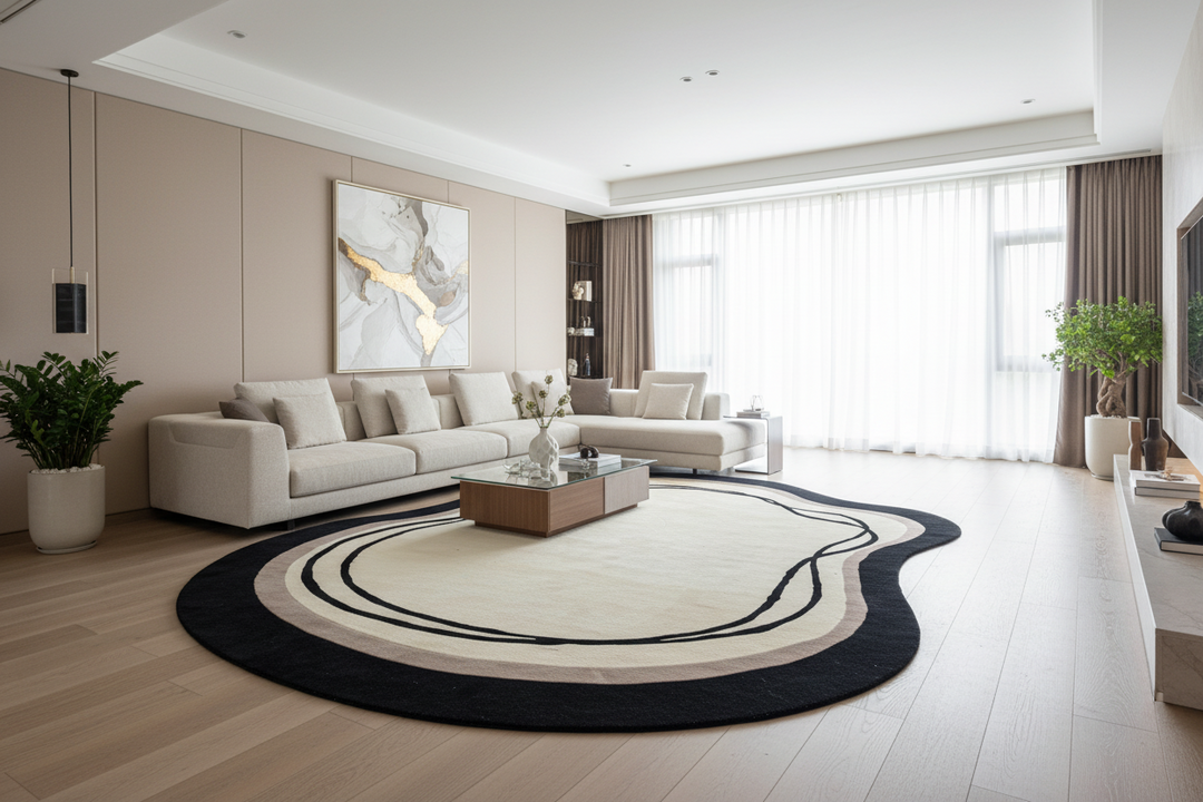 Modern living room with a large round rug, white sofa, and decorative elements.