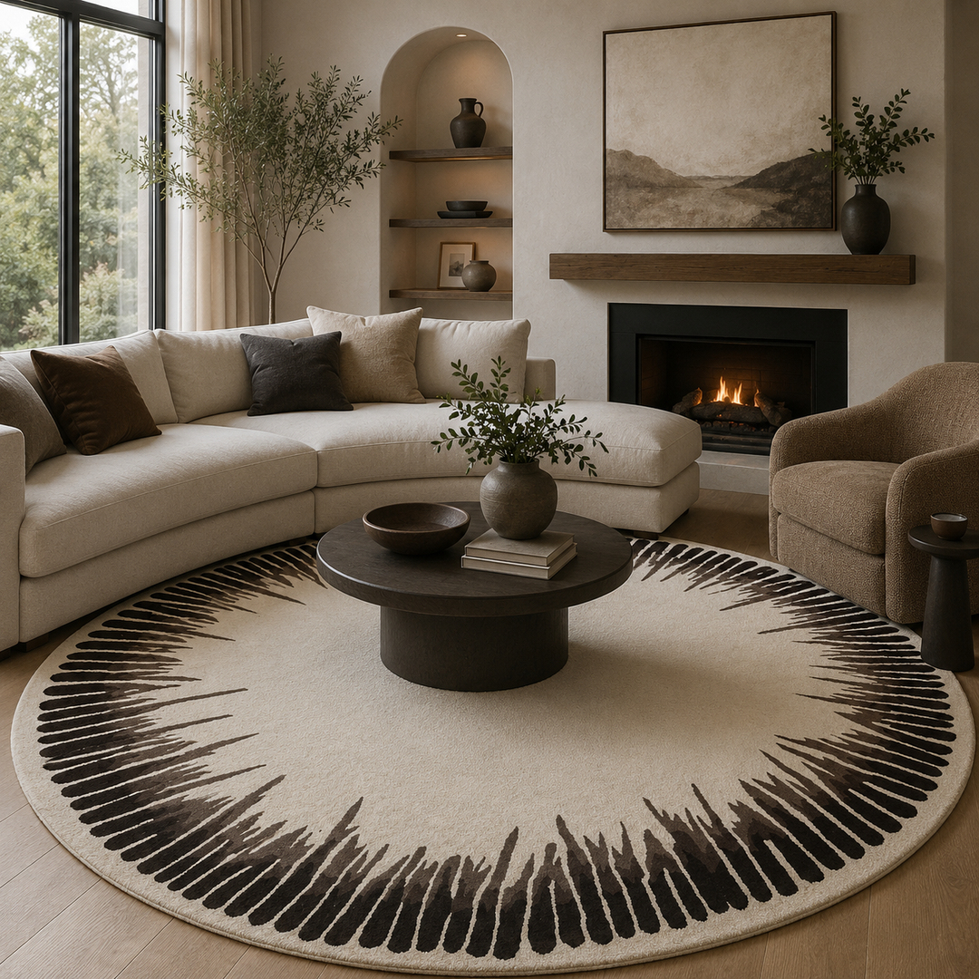 A large round area rug with a black radial brushstroke pattern on a cream background, styled in a modern living room with a curved sectional sofa, coffee table, and fireplace.