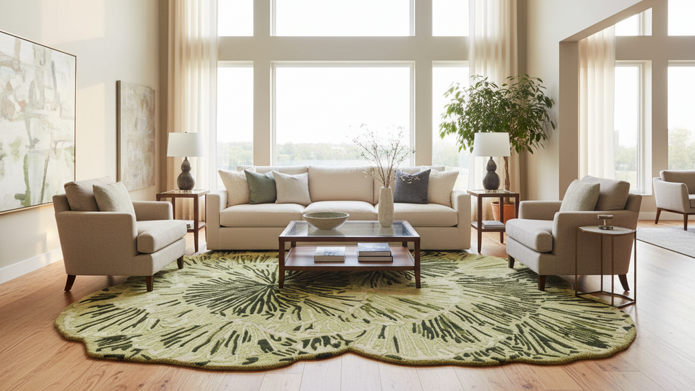 A styled living room featuring a large scalloped oval area rug in olive green and beige with a leaf-like pattern, paired with a cream sofa, two beige armchairs, and a dark wood coffee table.
