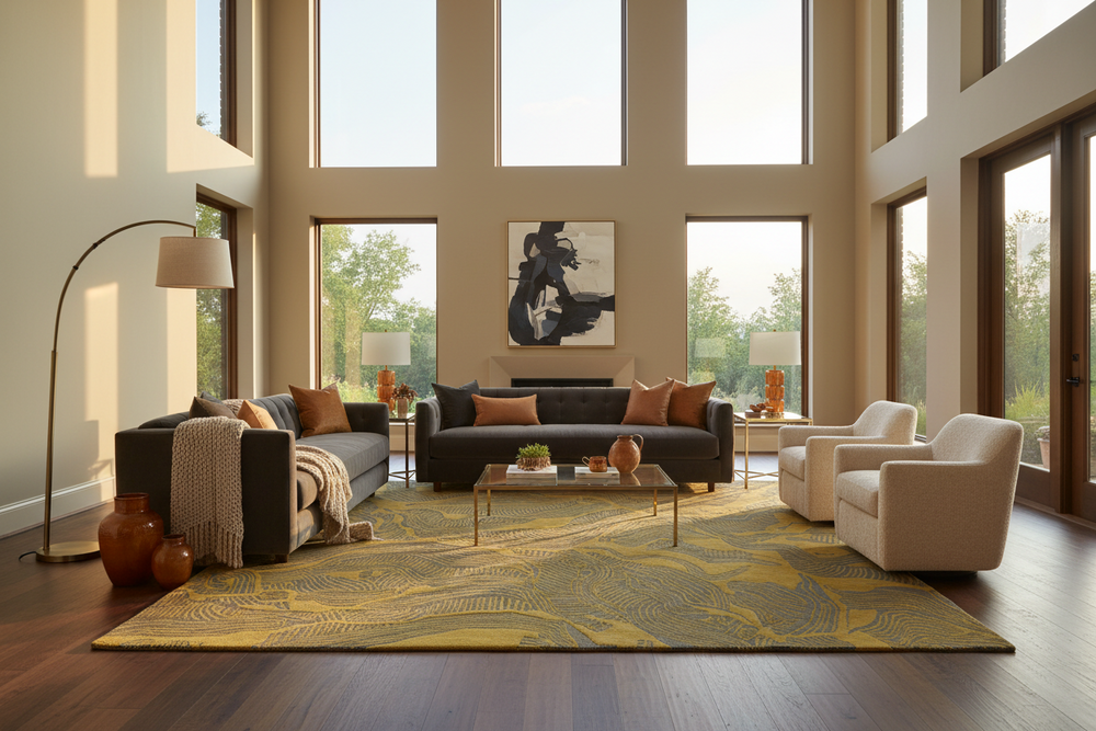 A modern living room with a dark gray sectional sofa, two cream armchairs, a yellow patterned area rug, a glass coffee table, and tall windows with warm natural light.