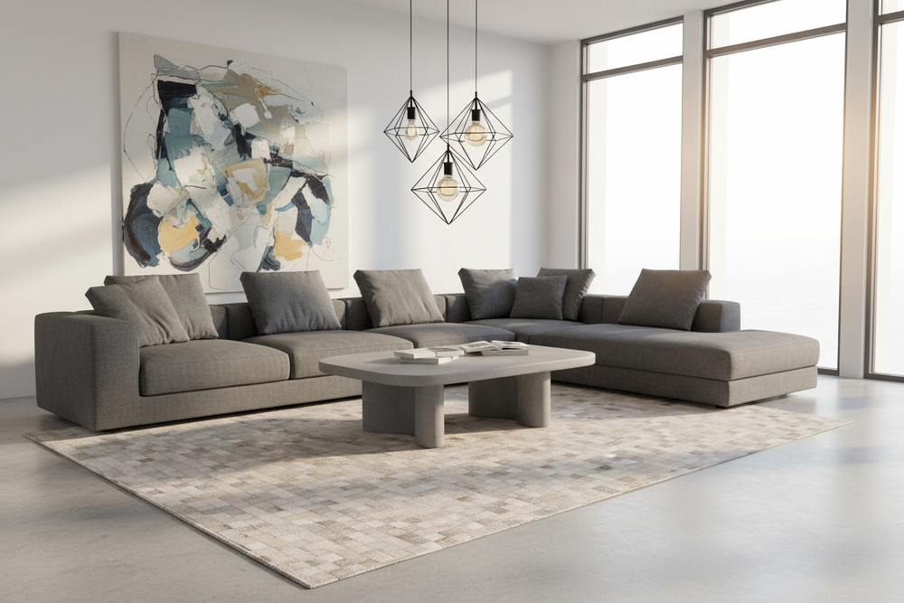 Modern living room with a gray sectional sofa, coffee table, and abstract art on the wall.