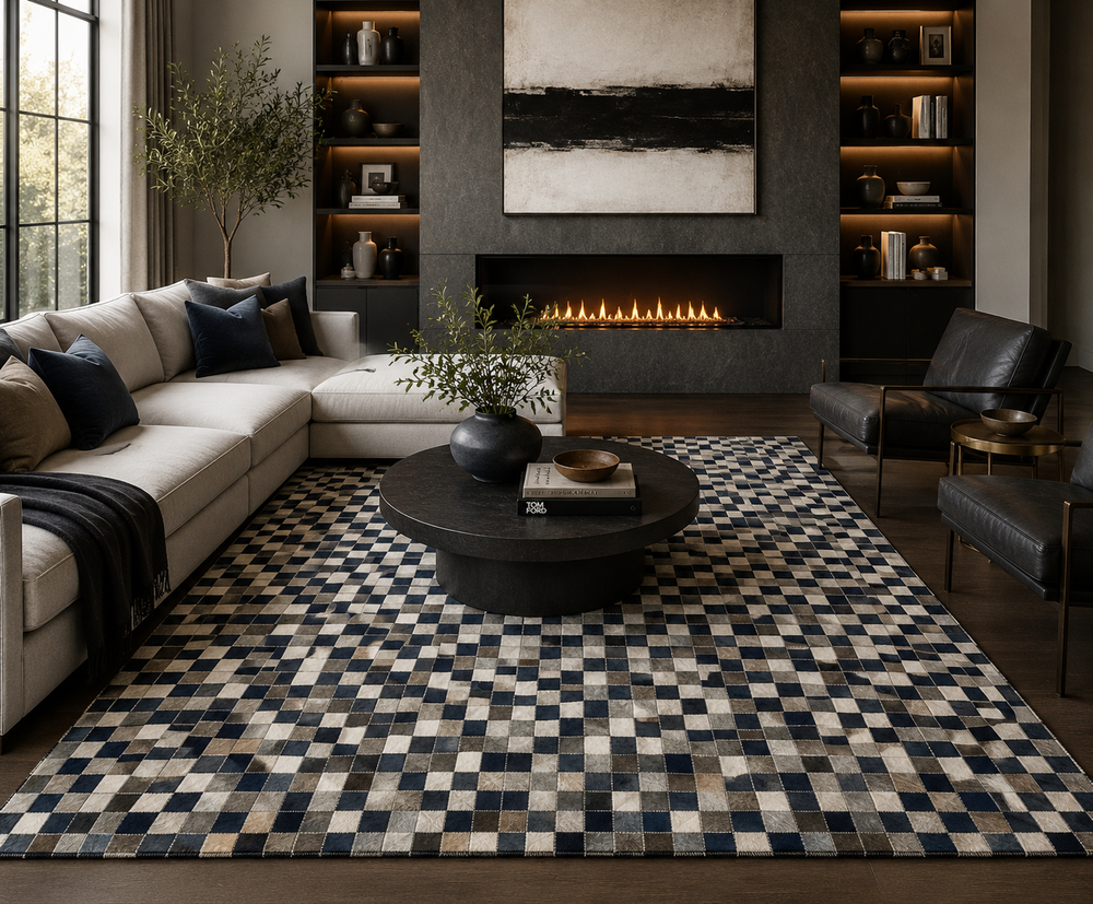 A large rectangular area rug with a navy, beige, and cream checkerboard pattern is styled in a modern living room with a sectional sofa, coffee table, fireplace, and leather chairs.
