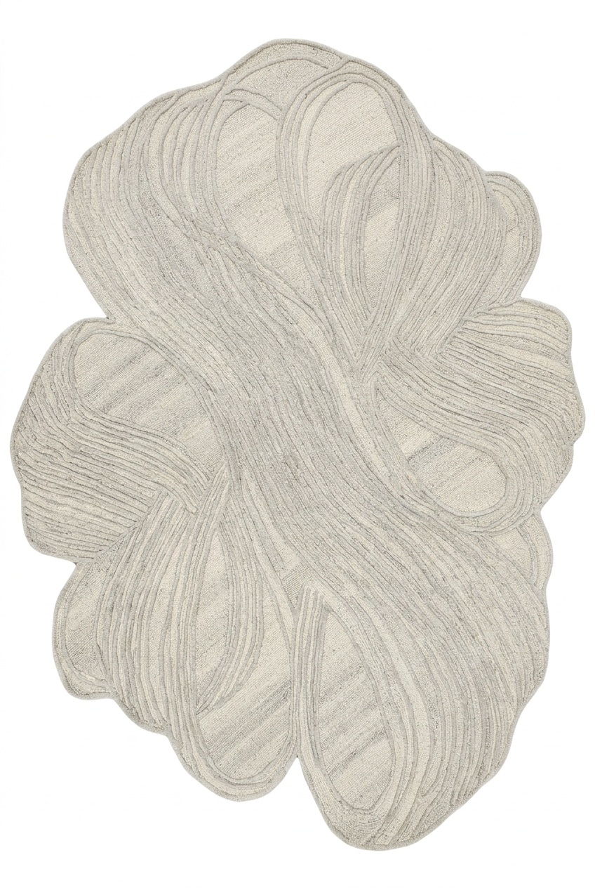 An abstract oval rug with layered, flowing organic lines in light gray and off-white on a solid white background.