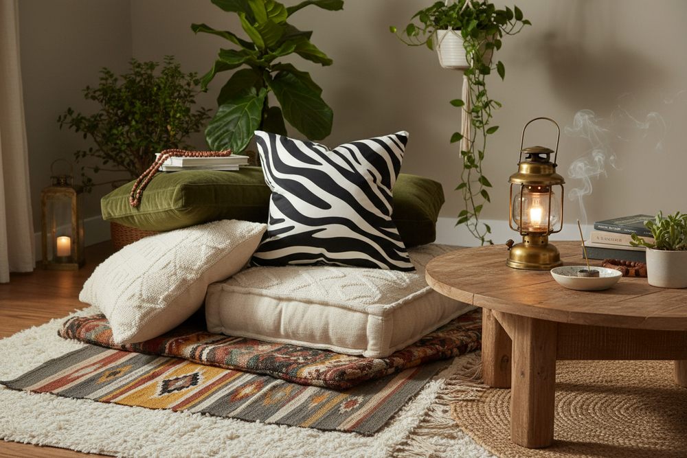 A cozy living room scene with a low wooden coffee table, a cushioned floor seat with cream and zebra-print pillows, plants, a lantern, and a rug.