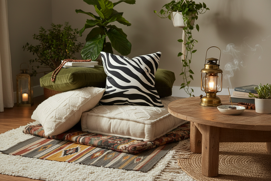 A cozy living room scene with a low wooden coffee table, a cushioned floor seat with cream and zebra-print pillows, plants, a lantern, and a rug.