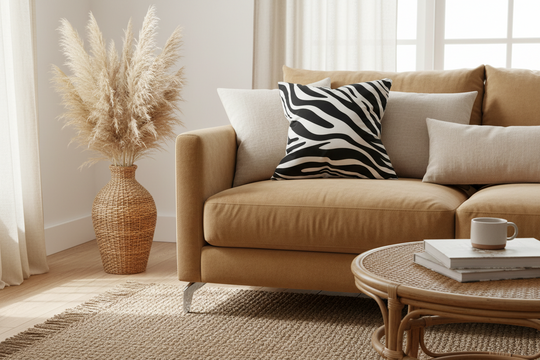A beige upholstered loveseat in a bright living room, styled with cream and black-and-white zebra-pattern throw pillows, a large woven vase with pampas grass, and a round woven coffee table.