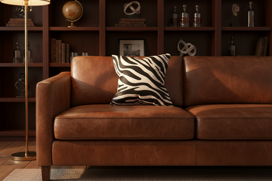 A brown leather sofa in a warm, styled room setting with a zebra-print throw pillow, set against a dark wood bookshelf background.