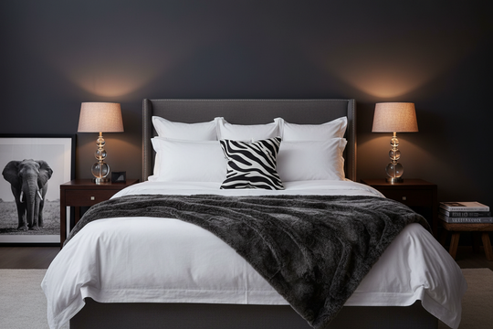 A styled bedroom scene featuring a bed dressed in white linens with a black-and-white zebra-patterned accent pillow and a dark charcoal faux-fur throw blanket. The bed is set against a dark gray wall with two matching bedside tables, lit table lamps, and a framed elephant print on the left.