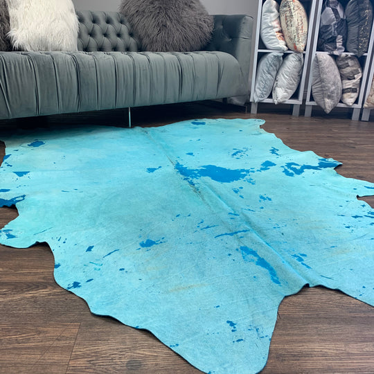 Real Leather Distressed Aqua Blue Cowhide by Rug Factory Plus