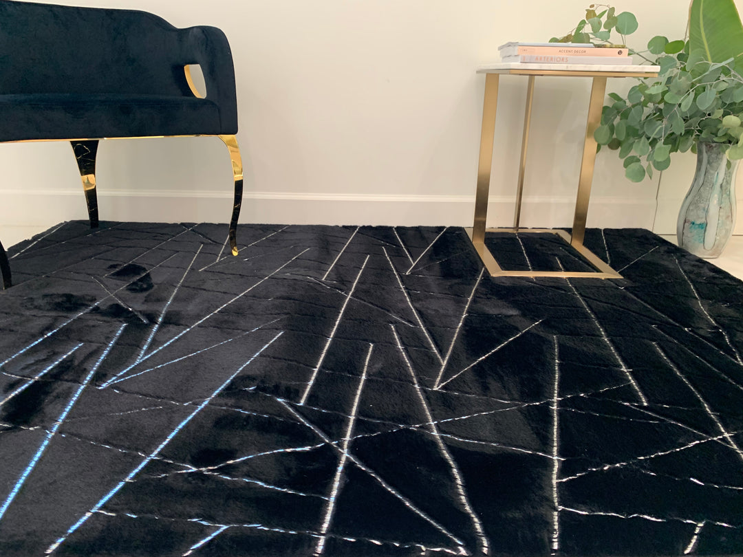 Metallic Area Rug Black Lines