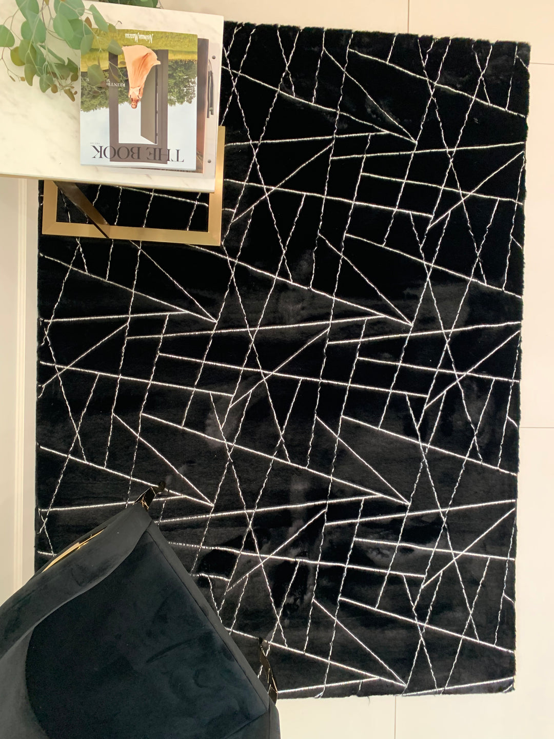 Metallic Area Rug Black Lines