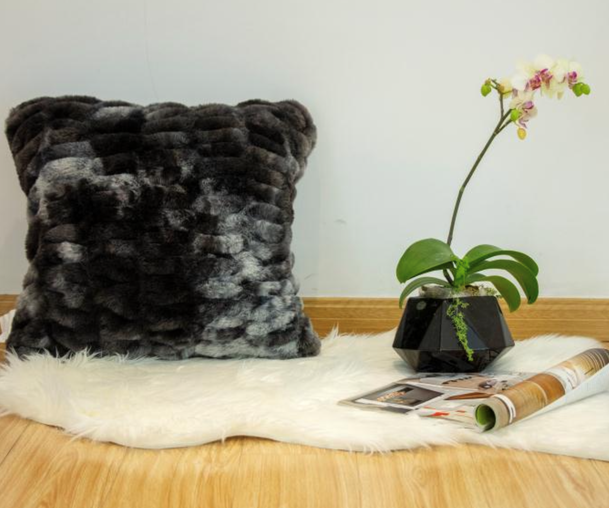 Nuevo Faux Fur Pillow Tie-Dye Charcoal by Rug Factory Plus