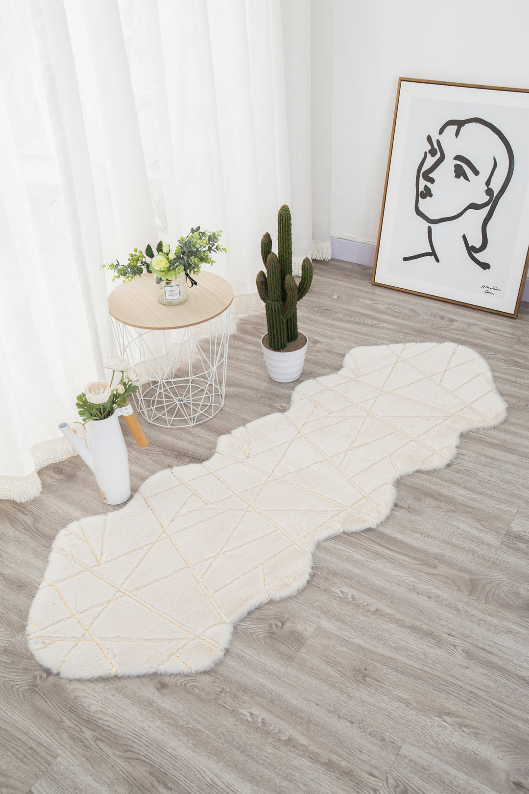 Metallic Area Rug White Lines