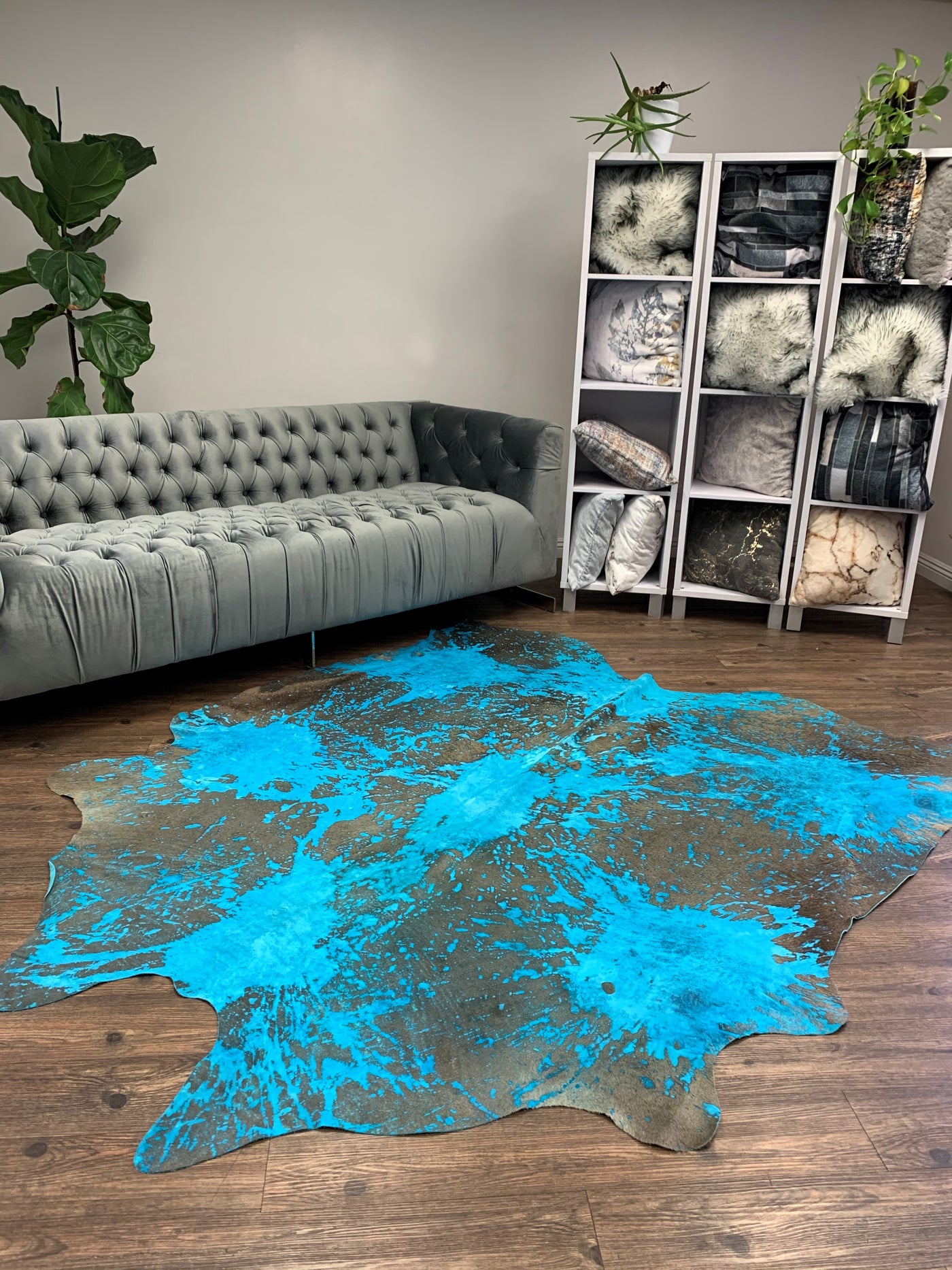 Real Leather Distressed Aqua Blue Cowhide by Rug Factory Plus
