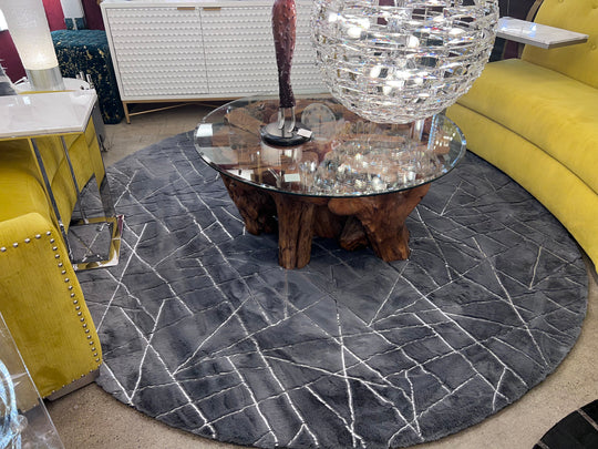 Metallic Area Rug Charcoal Lines Round